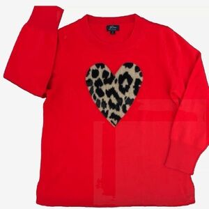 J Crew Women's 100% Cashmere
Crew Neck Red Sweater With Leopard Heart Size M
